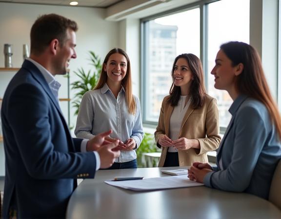 A professional and friendly meeting between an advisor and clients.